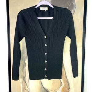 𝅺vintage Euro-X Ribbed Sparkly Black Button zip Cardigan Sweater